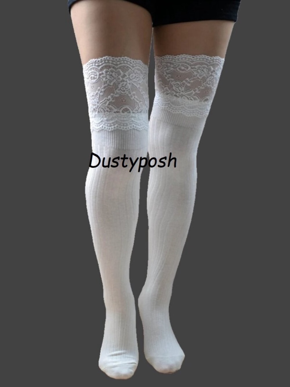 Lace Top Thigh High Socks Ribbed Over The Knee OTK - Picture 10 of 11